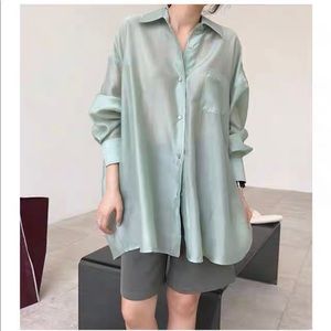 Holiday color, Oversized Sheer Mint Green Blouse Long Sleeve Shirt
